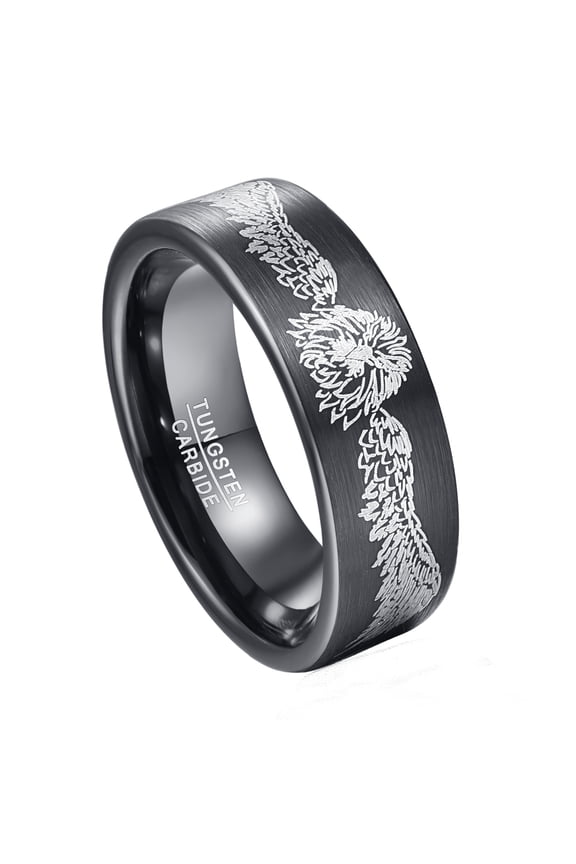 8mm Electroplating Black Tungsten Ring Laser Winged Lion Pattern