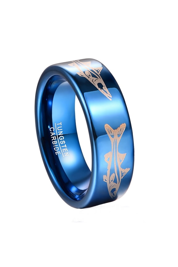 8mm Electroplating Blue Laser Tungsten Steel Ring with Fish Pattern