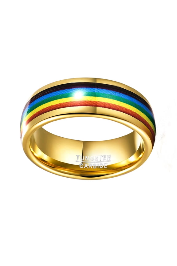 8mm Electroplating Golden Rainbow Dome Tungsten Ring Size 7-12