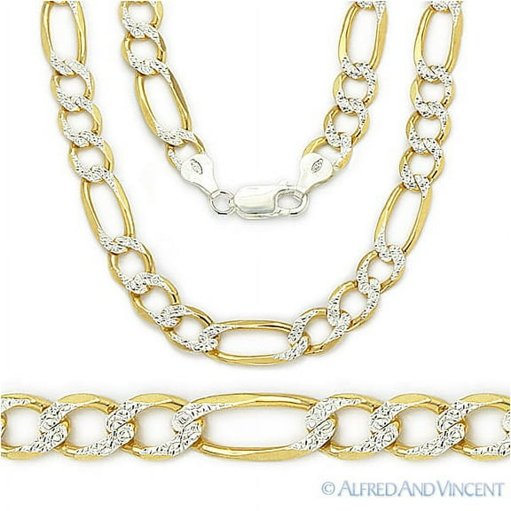 8mm Figaro / Figaroa D-Cut Pave Link Italian Chain Necklace in .925 Sterling Silver w/ 14k Yellow Gold