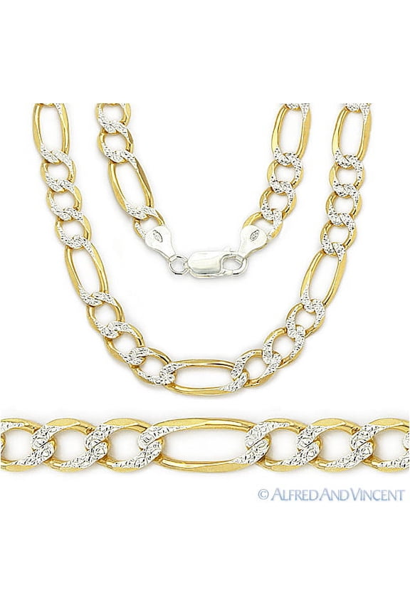 8mm Figaro / Figaroa D-Cut Pave Link Italian Chain Necklace in .925 Sterling Silver w/ 14k Yellow Gold