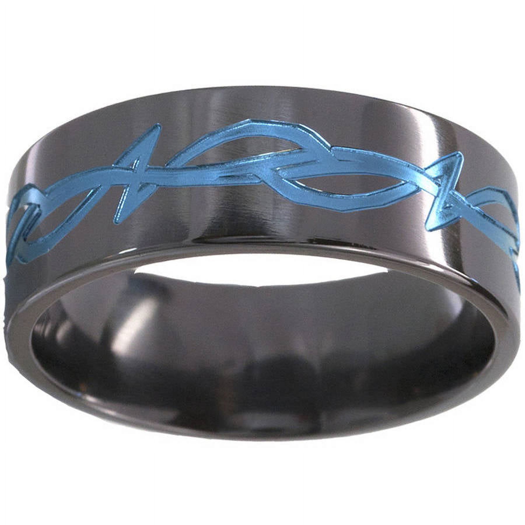 8mm Flat Black Zirconium Ring a Tribal Design Anodized in Blue