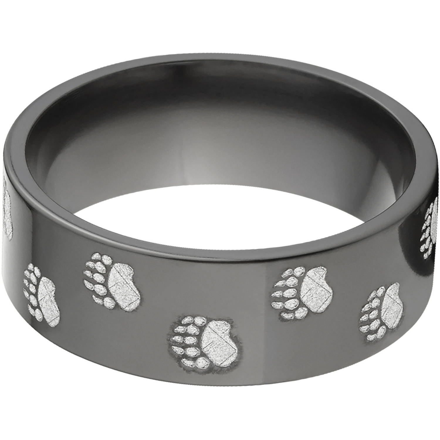 8mm Flat Black Zirconium Ring with Bear Tracks Lasered Around the Ring
