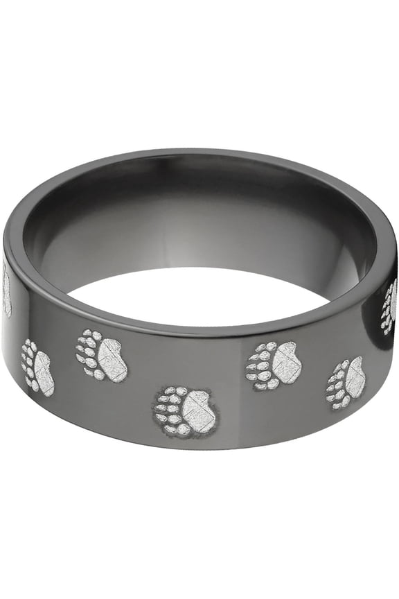 8mm Flat Black Zirconium Ring with Bear Tracks Lasered Around the Ring