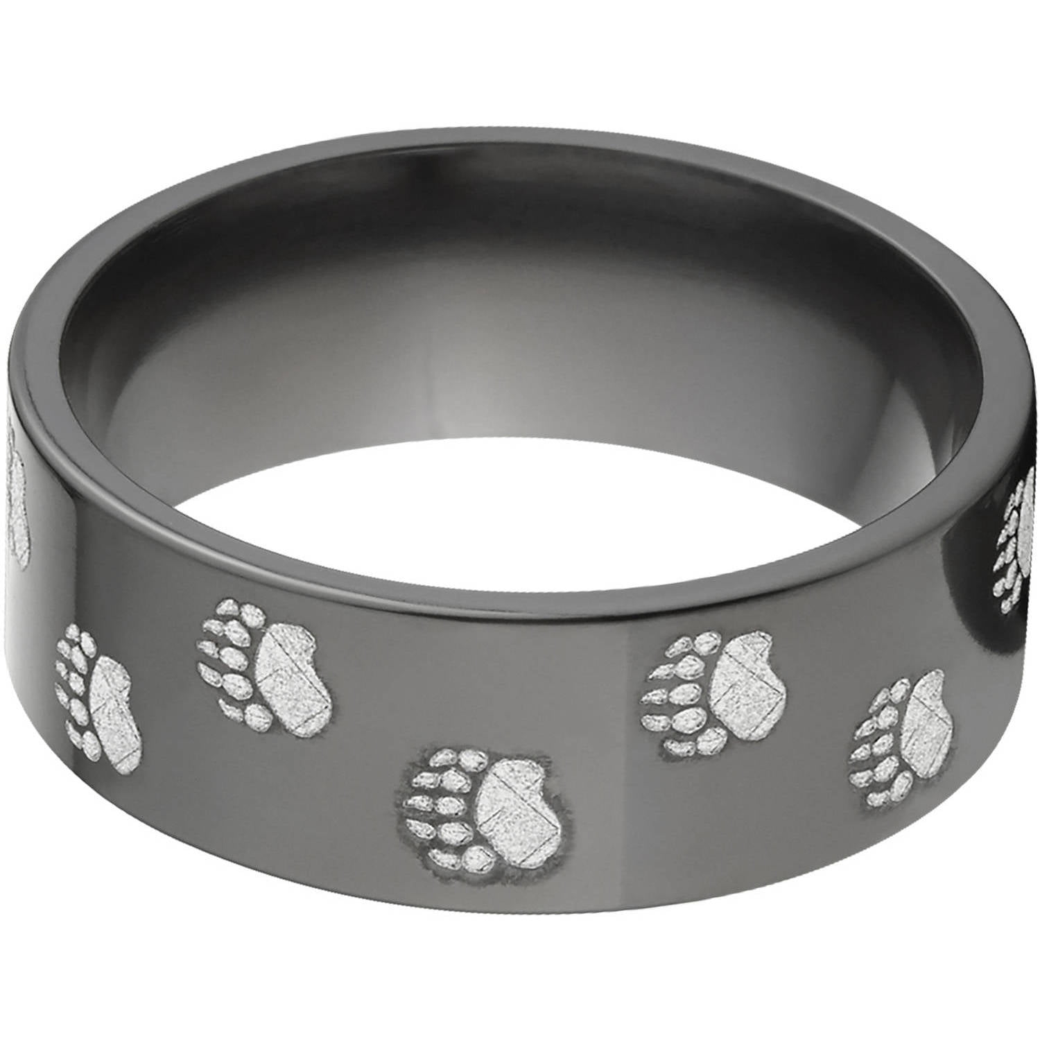 8mm Flat Black Zirconium Ring with Bear Tracks Lasered Around the Ring