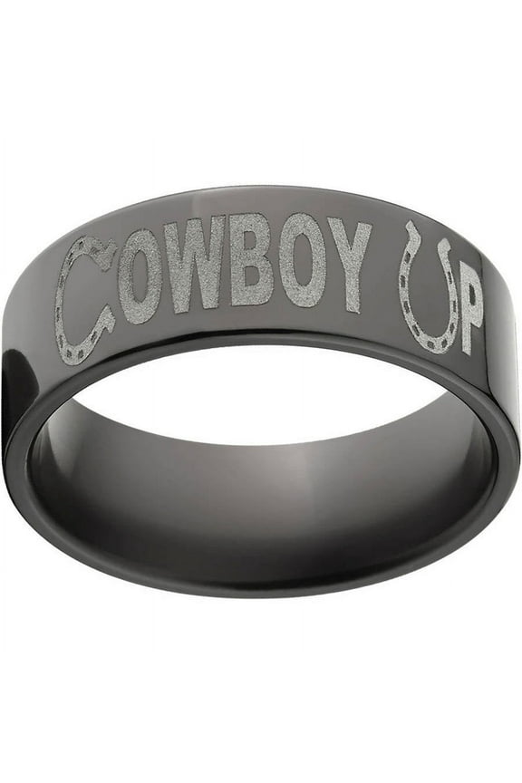 8mm Flat Black Zirconium Ring with "Cowboy Up" Laser Design