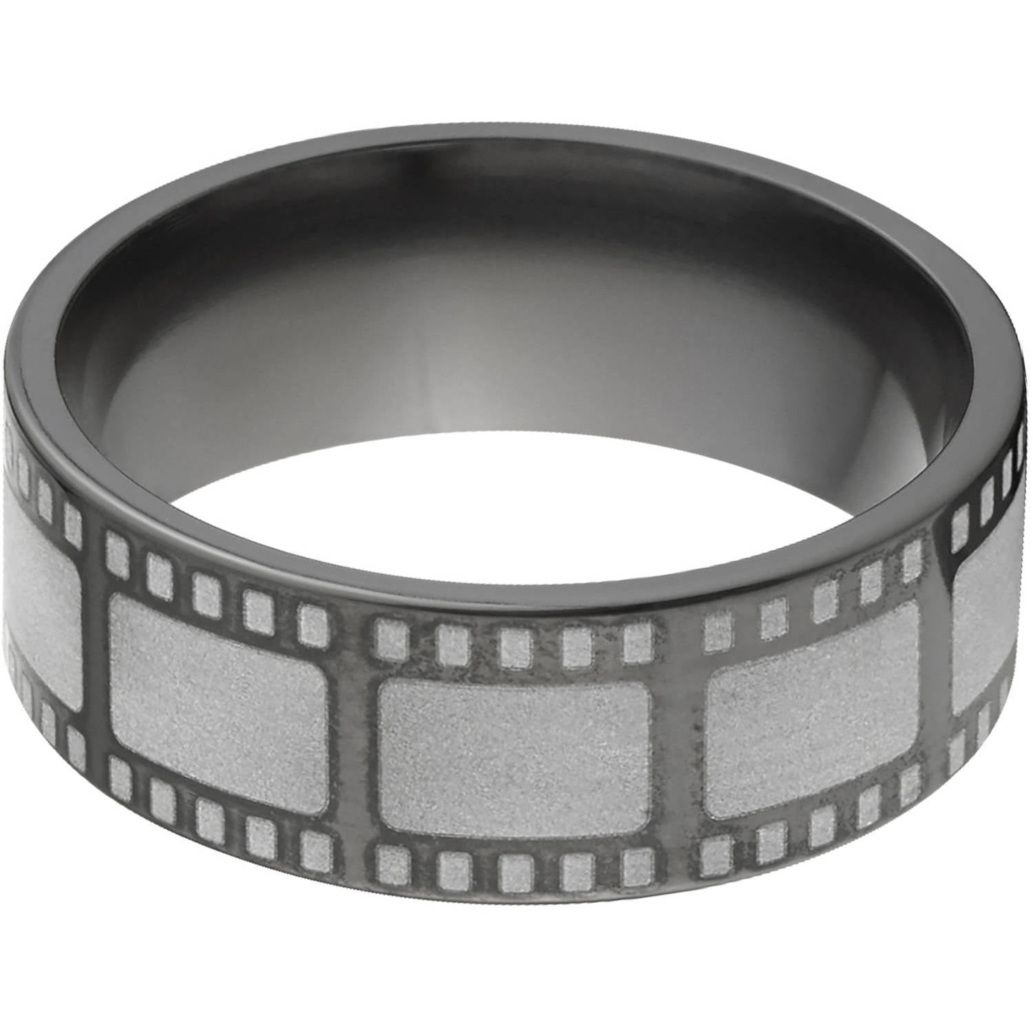 8mm Flat Black Zirconium Ring with Movie Film Lasered Around the Ring