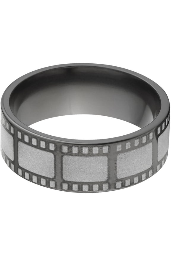 8mm Flat Black Zirconium Ring with Movie Film Lasered Around the Ring