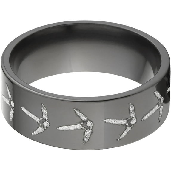 8mm Flat Black Zirconium Ring with Turkey Tracks Lasered Around the Ring