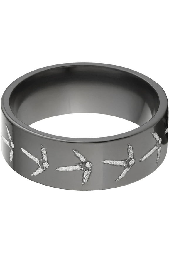 8mm Flat Black Zirconium Ring with Turkey Tracks Lasered Around the Ring