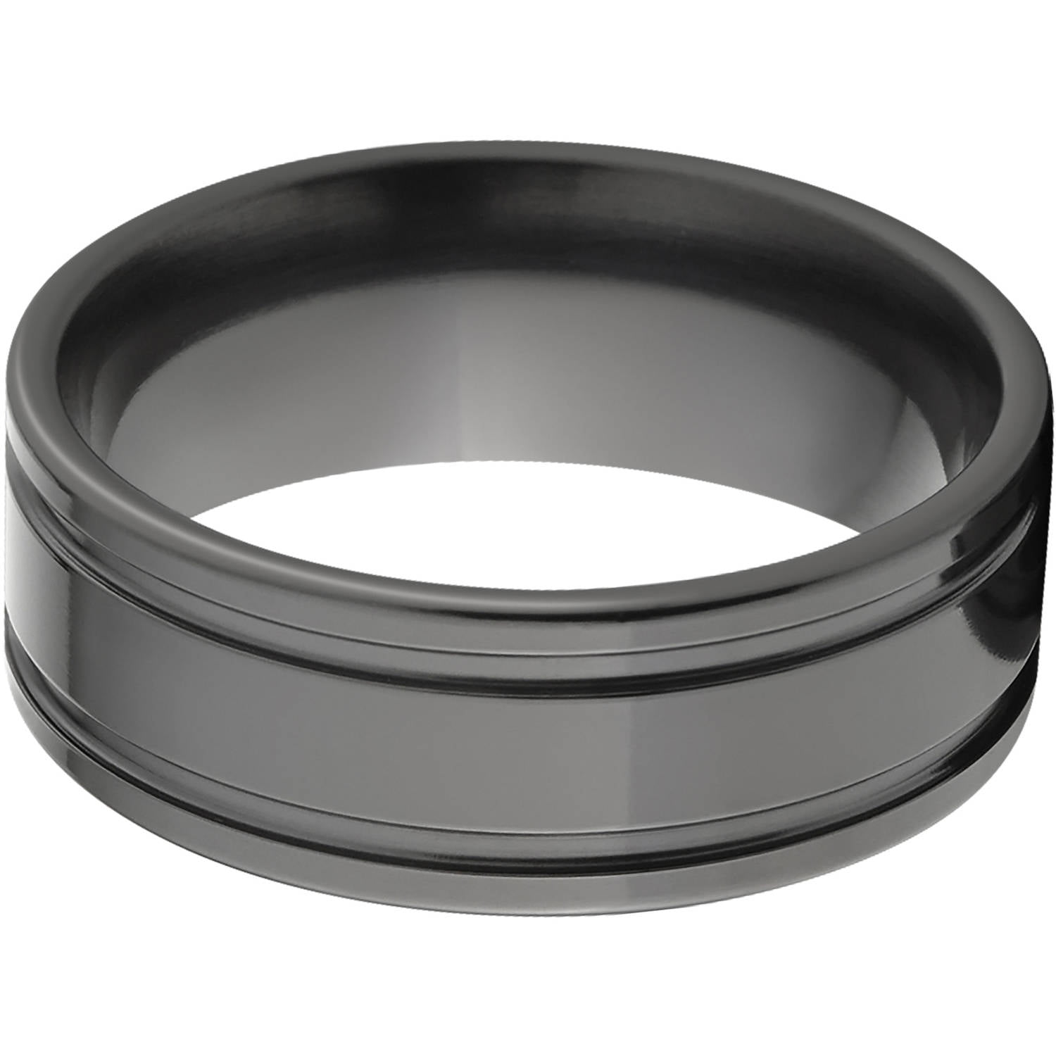 8mm Flat Black Zirconium Ring with Two Grooves and a Polished Finish