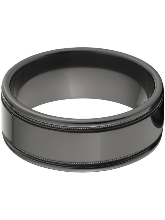 8mm Flat Black Zirconium Ring with Two Grooves and a Raised Center