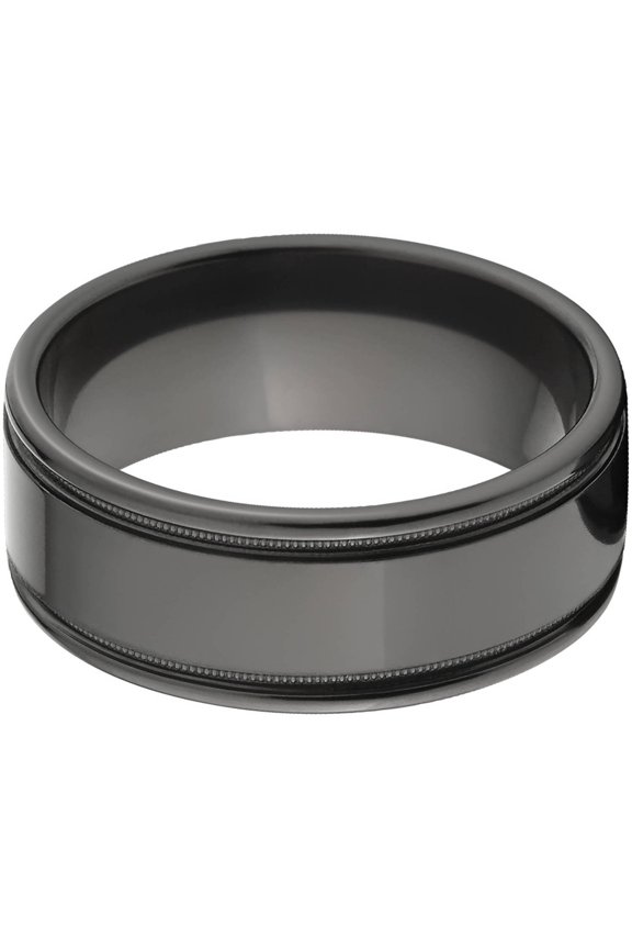 8mm Flat Black Zirconium Ring with Two Grooves and a Raised Center