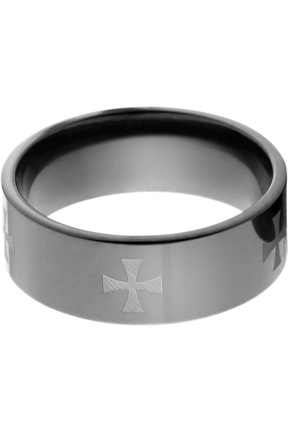 8mm Flat Black Zirconium Ring with a Laser Celtic Cross