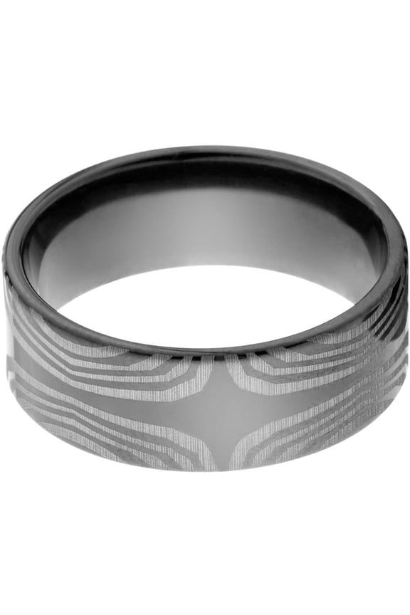 8mm Flat Black Zirconium Ring with a Lasered Mokume Pattern