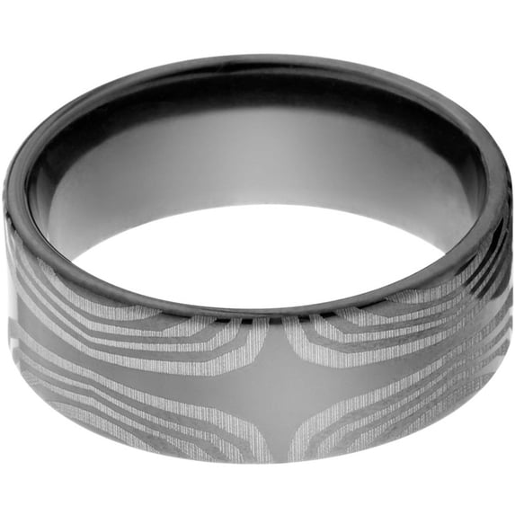 8mm Flat Black Zirconium Ring with a Lasered Mokume Pattern