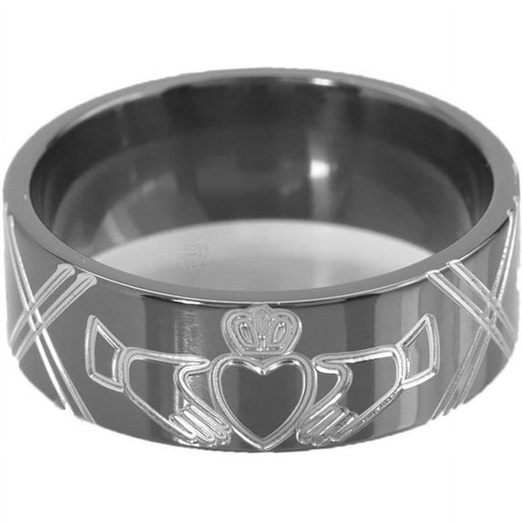 8mm Flat Black Zirconium Ring with a Milled Claddagh Symbol