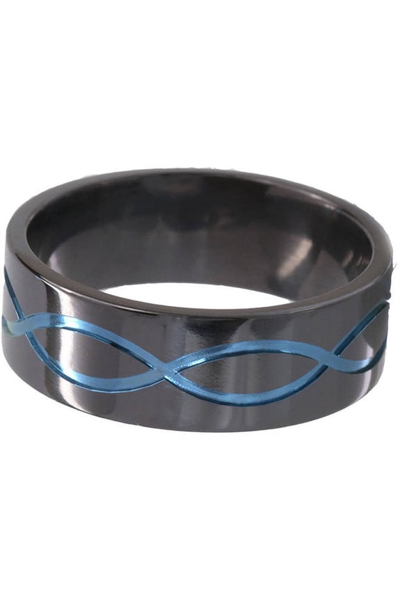 8mm Flat Black Zirconium Ring with the Infinity Symbol Anodized in Blue
