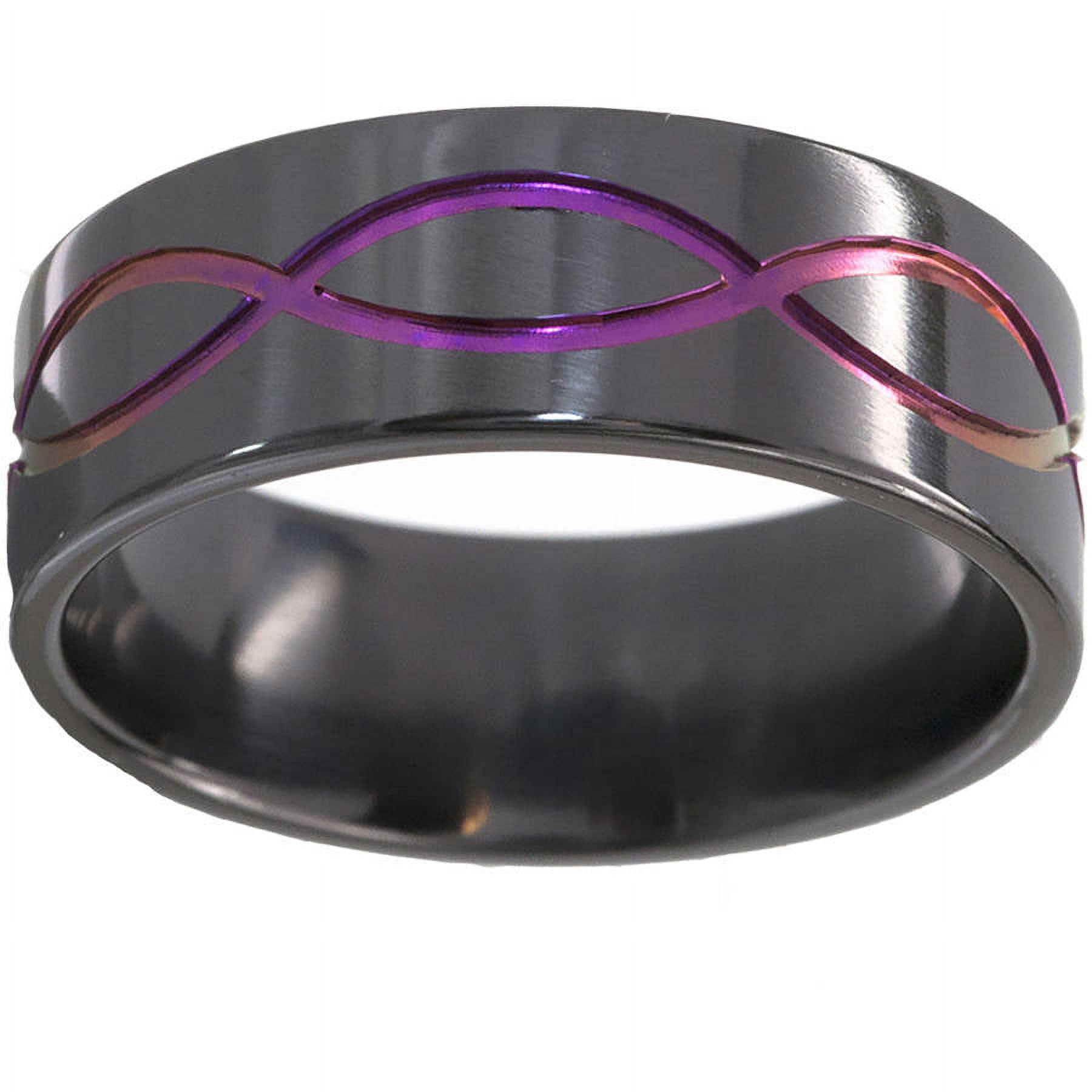 8mm Flat Black Zirconium Ring with the Infinity Symbol Anodized in Purple