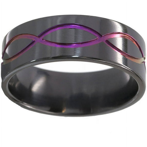 8mm Flat Black Zirconium Ring with the Infinity Symbol Anodized in Purple