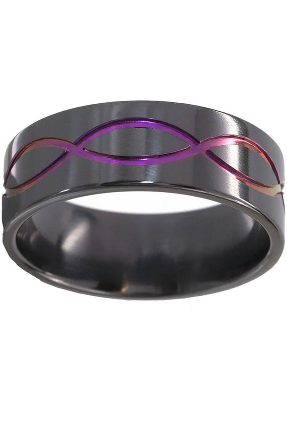 8mm Flat Black Zirconium Ring with the Infinity Symbol Anodized in Purple