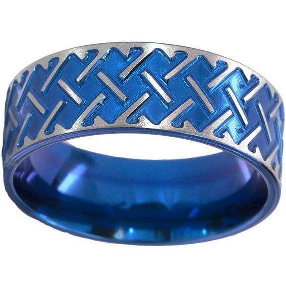 8mm Flat Titanium Ring with a Milled Celtic Design Anodized in Blue