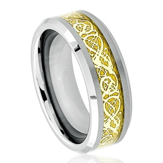 8mm For Men or Ladies - Beveled Edge Celtic Knot Dragon over Yellow Inlay Tungsten Carbide Wedding Band Ring