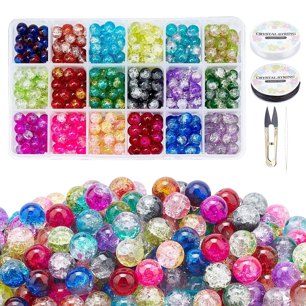 8mm Glass Beads 630pcs 18 Colors Beads for Jewelry Making with Scissors Elastic Thread Beading Needles for Christmas Tree DecorationDIY