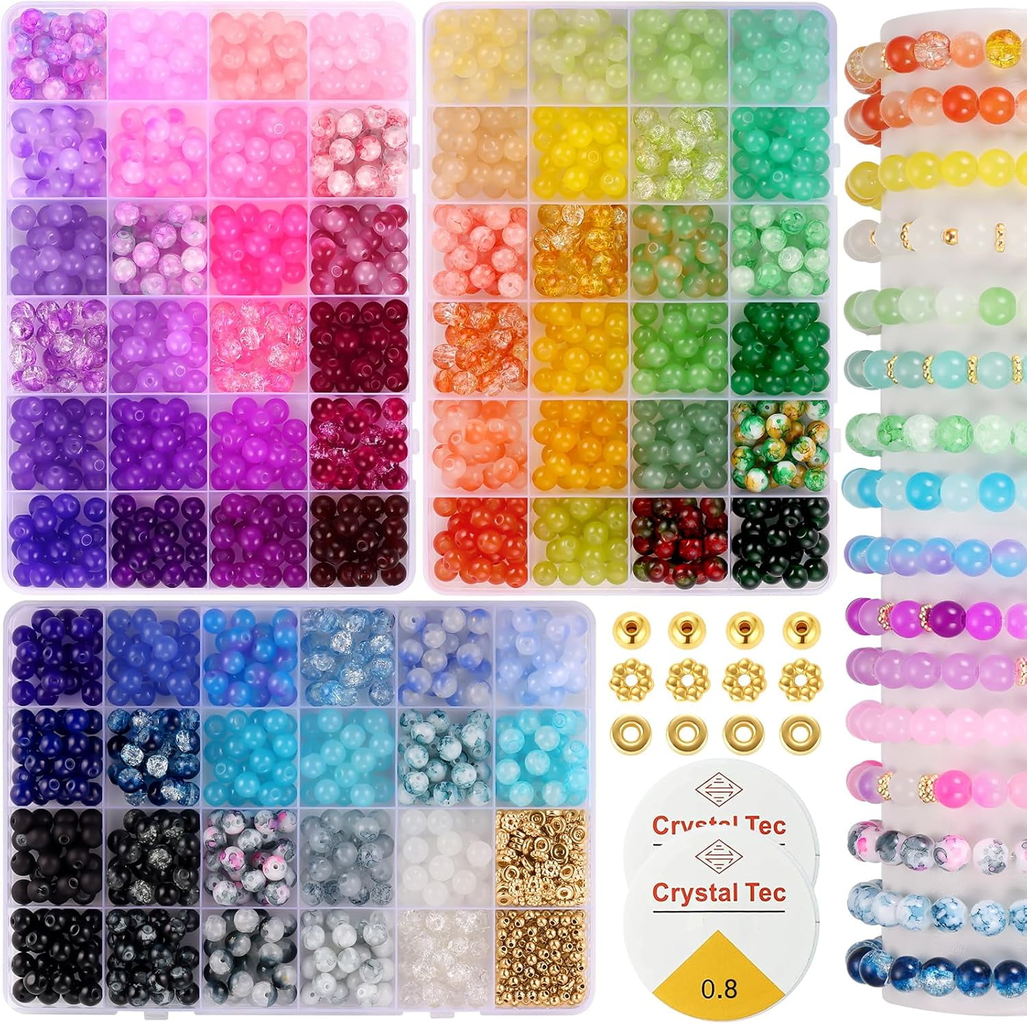 8mm Glass Beads Bracelet Making Kit, 1540pcs 70 Colors Crystal Beads for Jewelry Making, Round Glass Beads for Bracelets and DIY Crafts, Solid and Crackle Colors