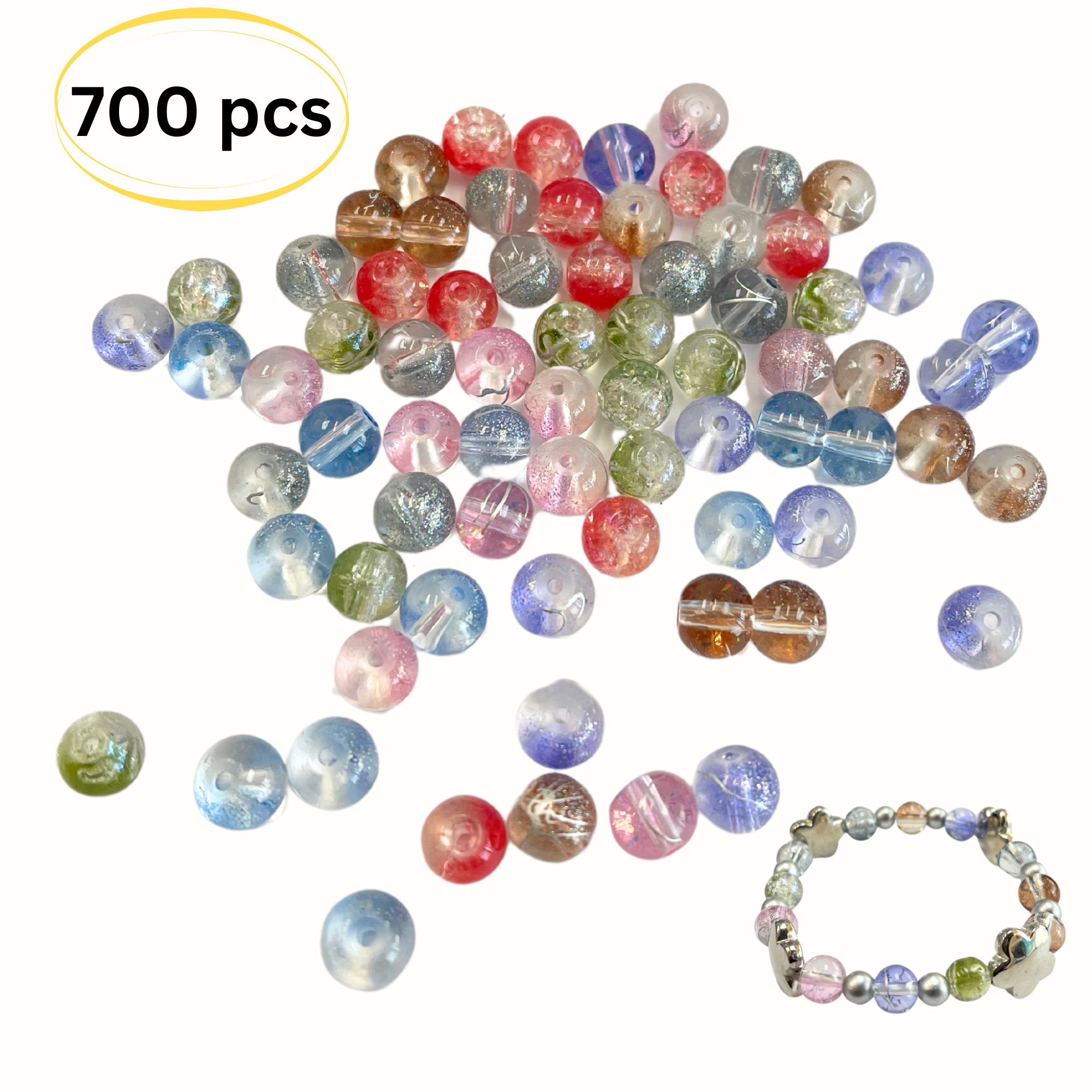 8mm Glass Beads Bulk for Bracelets, Glitter Silver Lining Beads, DIY Jewelry Supplies, Gift for Beaders, 1 lb, 700 pcs