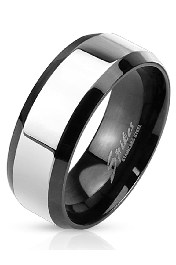 8mm Glossy Center with Beveled Edge Two Tone Stainless Steel Band Men's Ring (SIZE: 11)