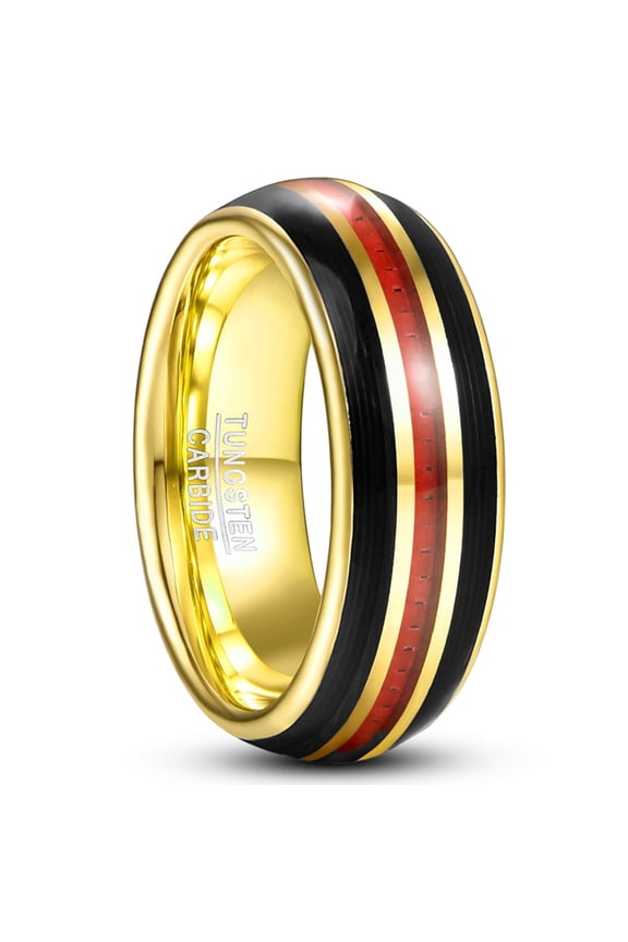 8mm Gold Tungsten Polished Domed Red Carbon Fiber Center Inlay Promise Comfort Fit Rings