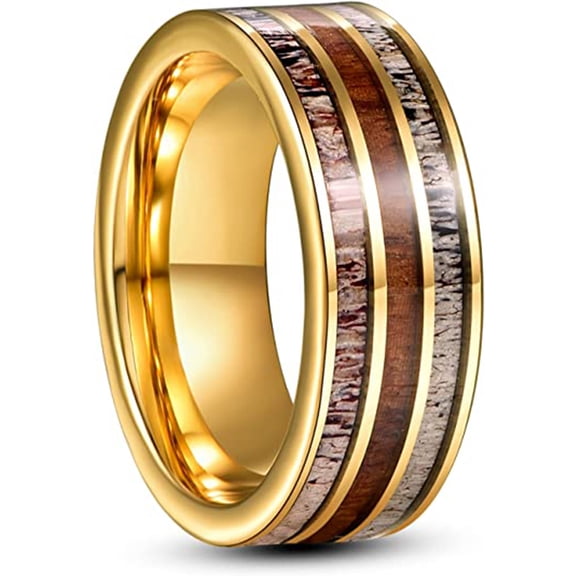 8mm Gold Tungsten Ring Men's Wood Inlay Wedding Band Deer Antler Rings Flat Edges