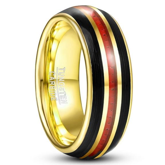 8mm Gold Tungsten Rings for Women Polished Domed Red Carbon Fiber Center Inlay Promise Rings