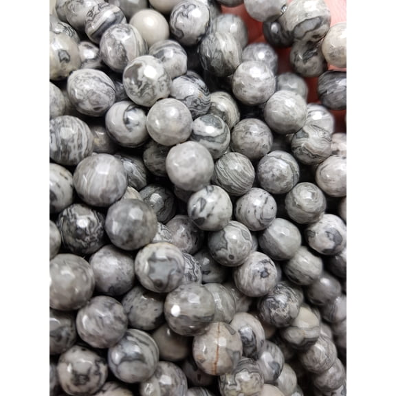 8mm Gray Picture Jasper Faceted Round Beads Genuine Gemstone Natural Jewelry Making