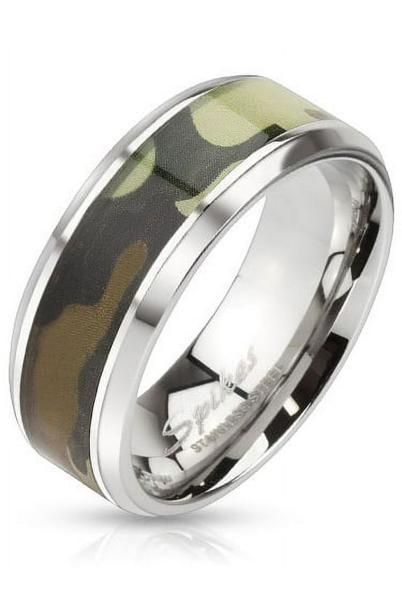 8mm Green Camouflage Inlay Stainless Steel Beveled Edge Band Ring (SIZE: 9)