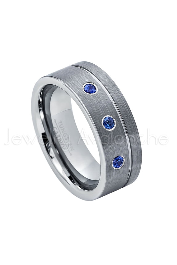 8mm Grooved Pipe Cut Tungsten Ring - 0.21ctw Blue Sapphire 3-stone Band - Personalized Tungsten Wedding Ring - Custom Made September Birthstone Ring TN030BS