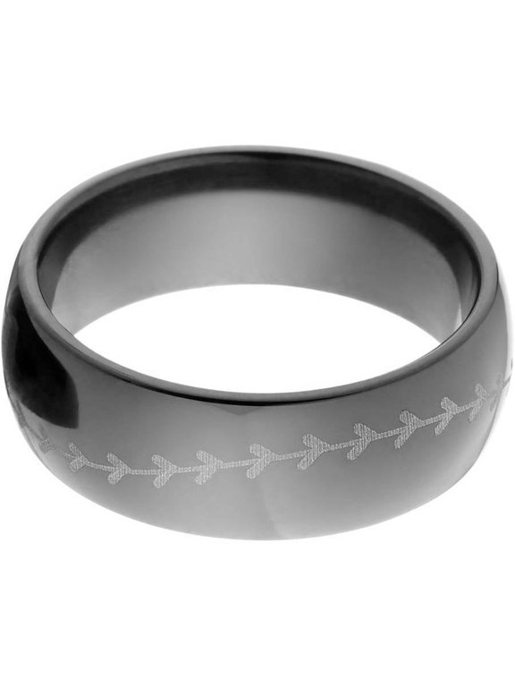 8mm Half-Round Black Zirconium Ring with Baseball Lasered Stitching Around the Ring