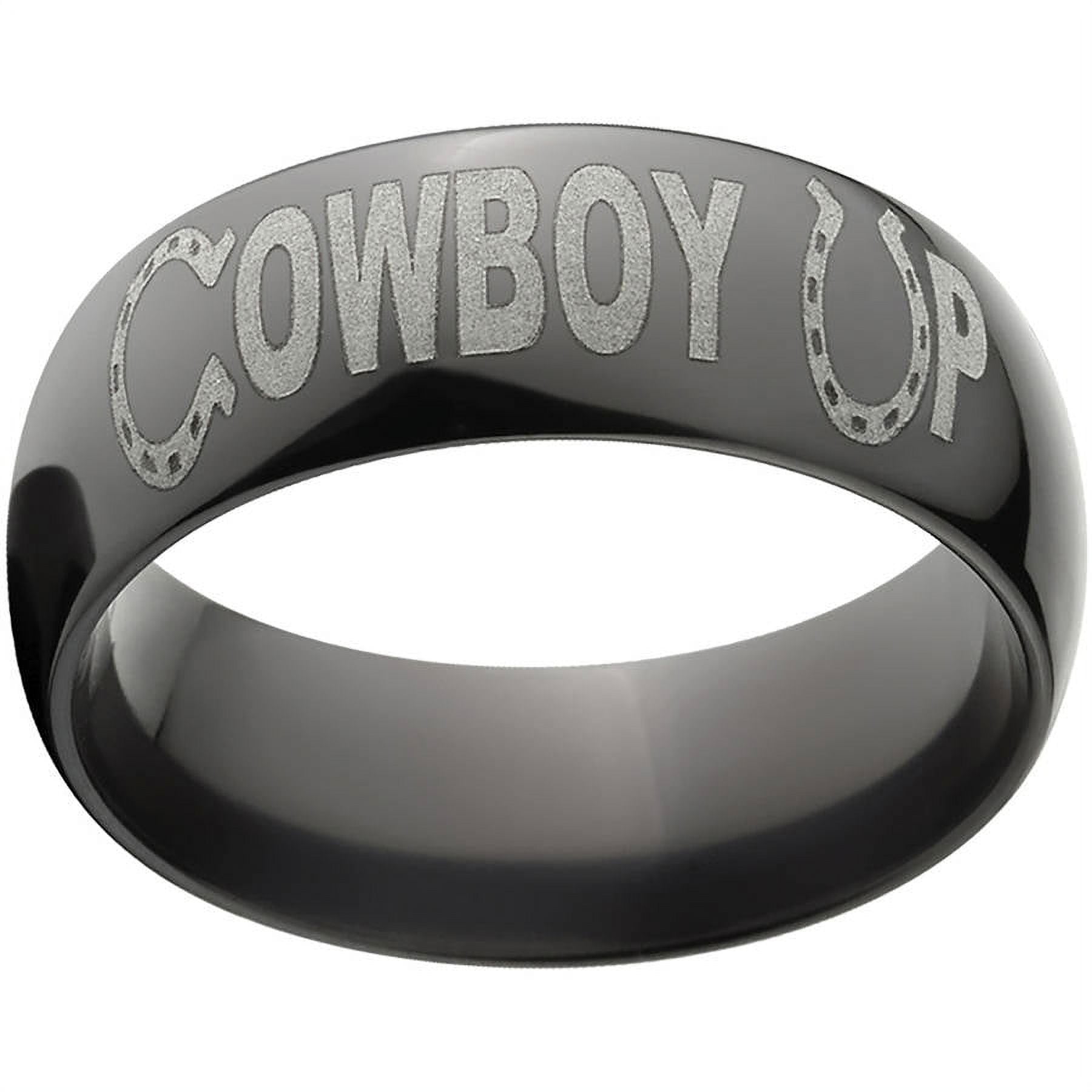 8mm Half-Round Black Zirconium Ring with "Cowboy Up" Laser Design