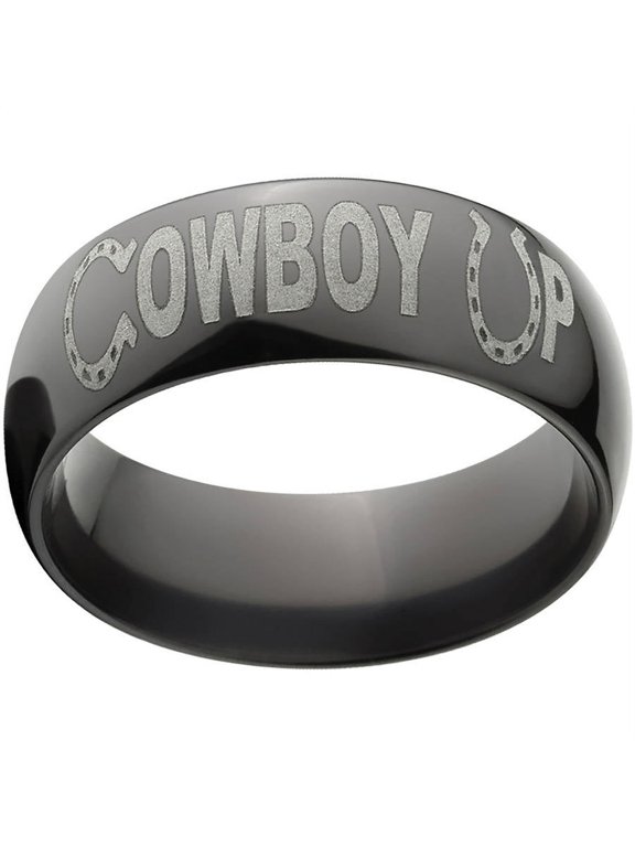 8mm Half-Round Black Zirconium Ring with "Cowboy Up" Laser Design