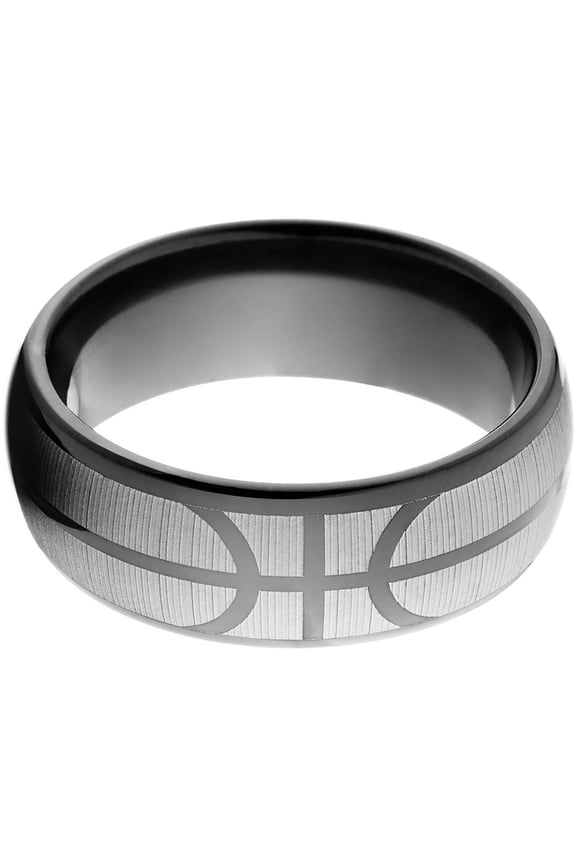 8mm Half-Round Black Zirconium Ring with a Basketball Laser