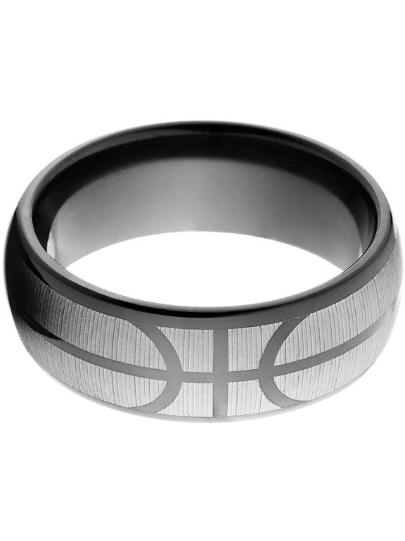 8mm Half-Round Black Zirconium Ring with a Basketball Laser