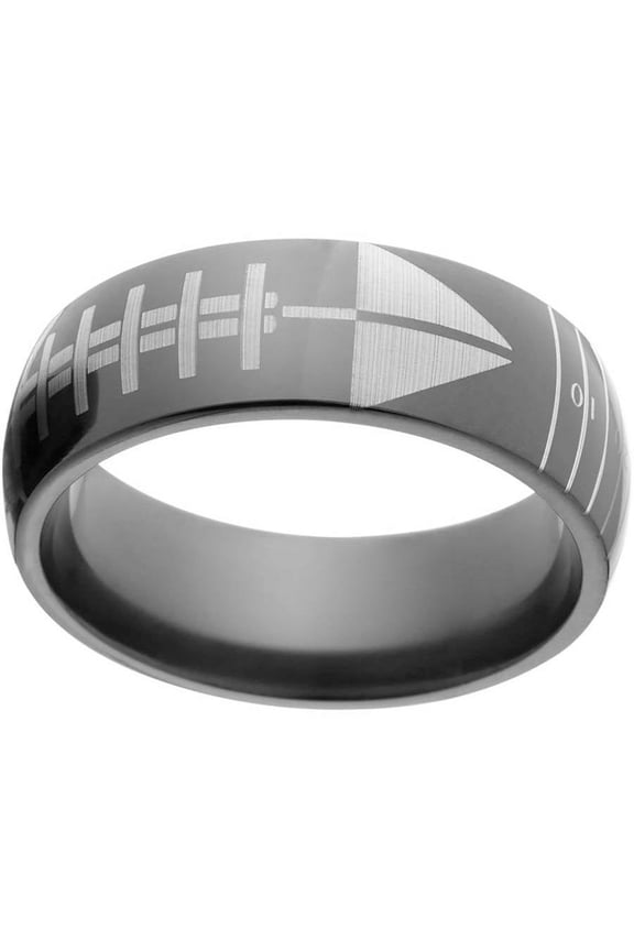 8mm Half-Round Black Zirconium Ring with a Laser Football and Yard Lines
