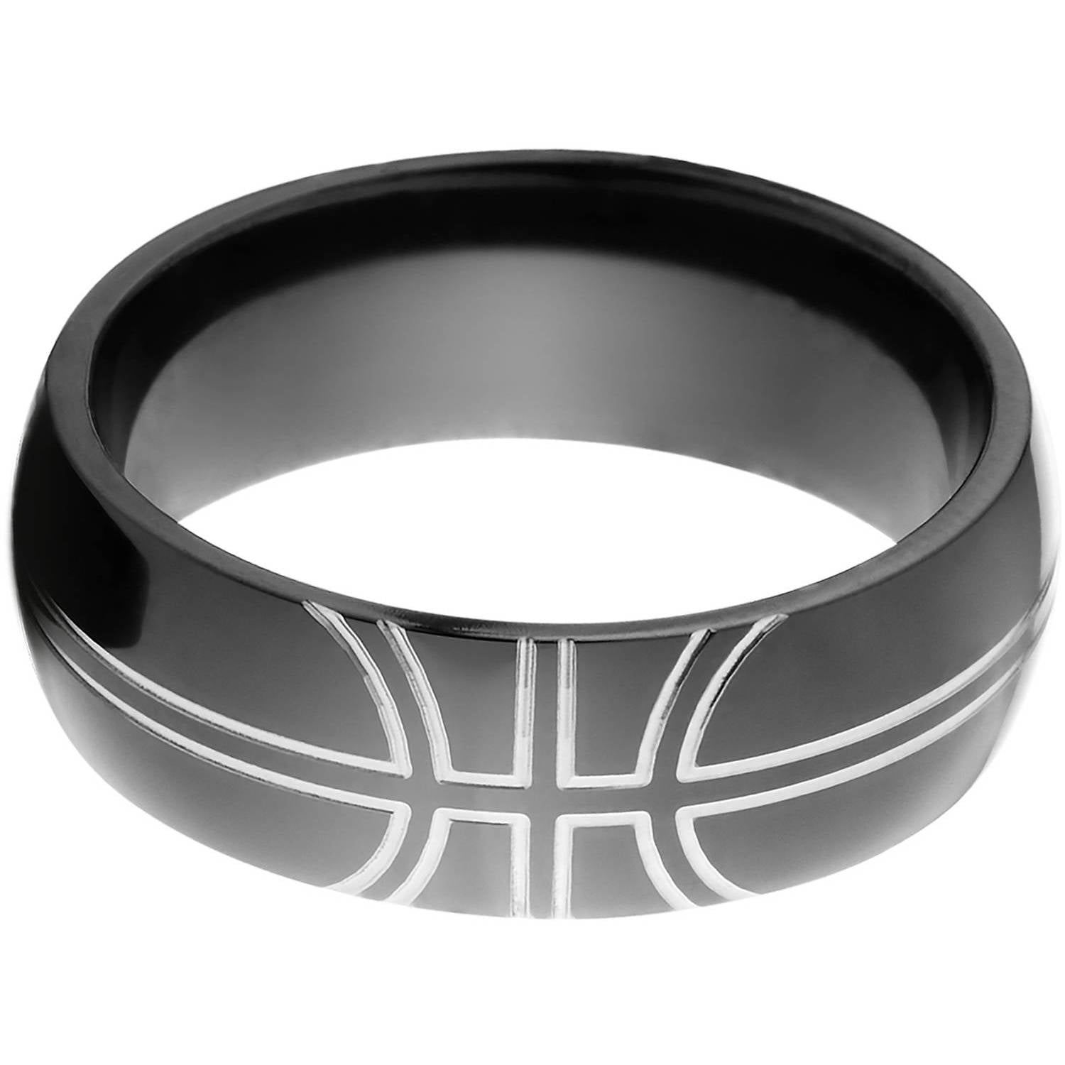 8mm Half-Round Black Zirconium Ring with a Milled Basketball Design