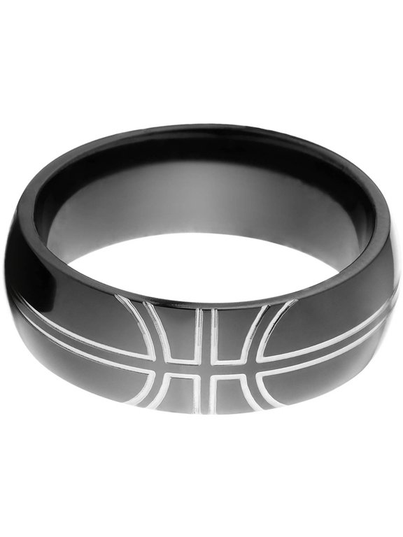 8mm Half-Round Black Zirconium Ring with a Milled Basketball Design