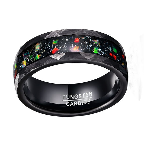 8mm Hammer Pattern Electric Black Tungsten Carbide Ring Inlaid Black Sand Bottom Fire Color Broken Opal
