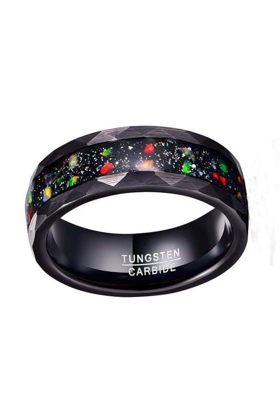8mm Hammer Pattern Electric Black Tungsten Carbide Ring Inlaid Black Sand Bottom Fire Color Broken Opal