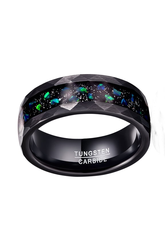 8mm Hammer Pattern Electric Black Tungsten Carbide Ring Inlaid Black Sand Bottom Green Crushed Opal