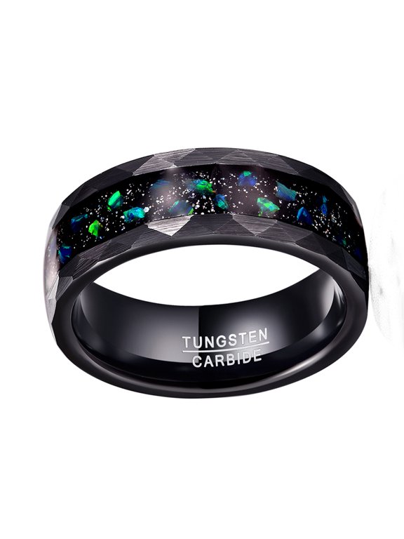 8mm Hammer Pattern Electric Black Tungsten Carbide Ring Inlaid Black Sand Bottom Green Crushed Opal
