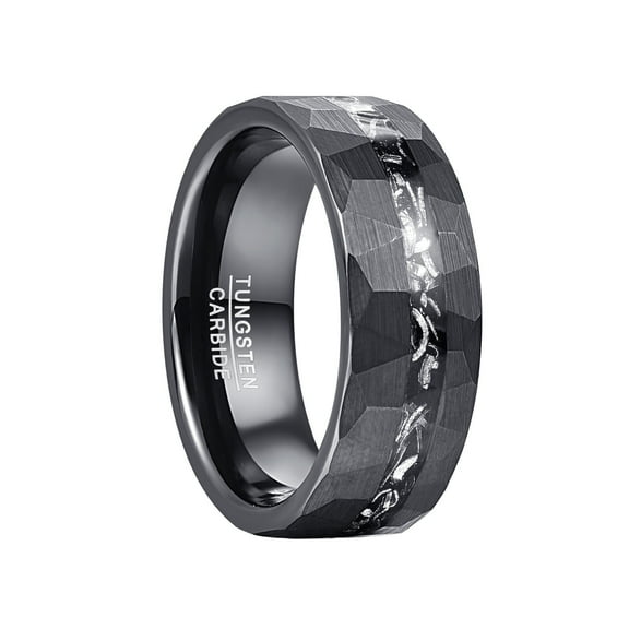8mm Hammered Black Tungsten Rings for Unisex Inlaid Aerolite Wedding Engagement Bands Size 7-12